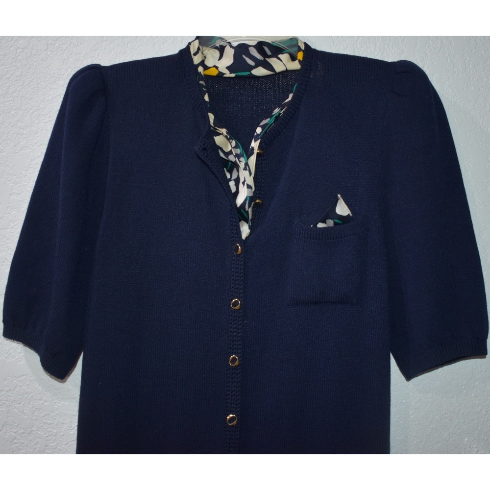 St John Marie Gray Navy Blue Knit Button Front Dress Floral Scarf Detail Midi